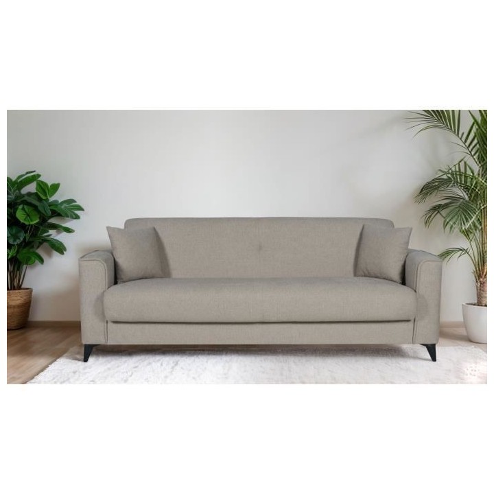 Canapé convertible 3 places - BERGAMO - Tissu beige - 2 coussins - co