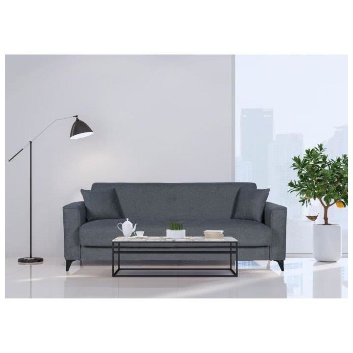 Canapé convertible 3 places - BERGAMO - Tissu gris foncé - 2 coussin