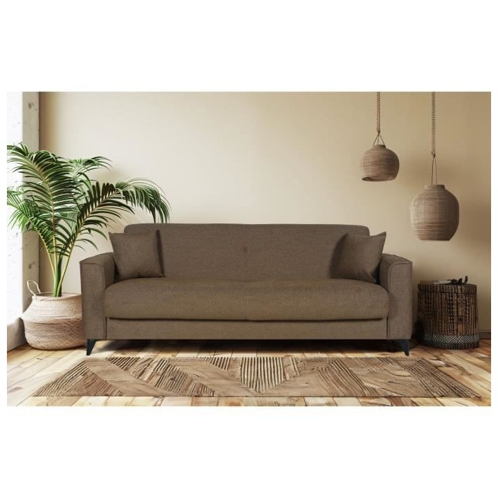 Canapé convertible 3 places - BERGAMO - Tissu marron - 2 coussins - c