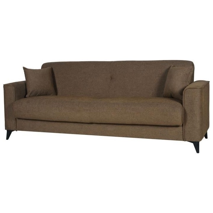 Canapé convertible 3 places - BERGAMO - Tissu marron - 2 coussins - c