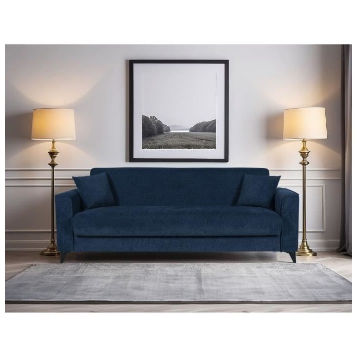 Canapé convertible 3 places - BERGAMO - Tissu bleu foncé - 2 coussin