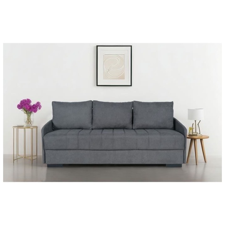 Canapé convertible 3 places - BETTA - Tissu gris clair - Couchage 145