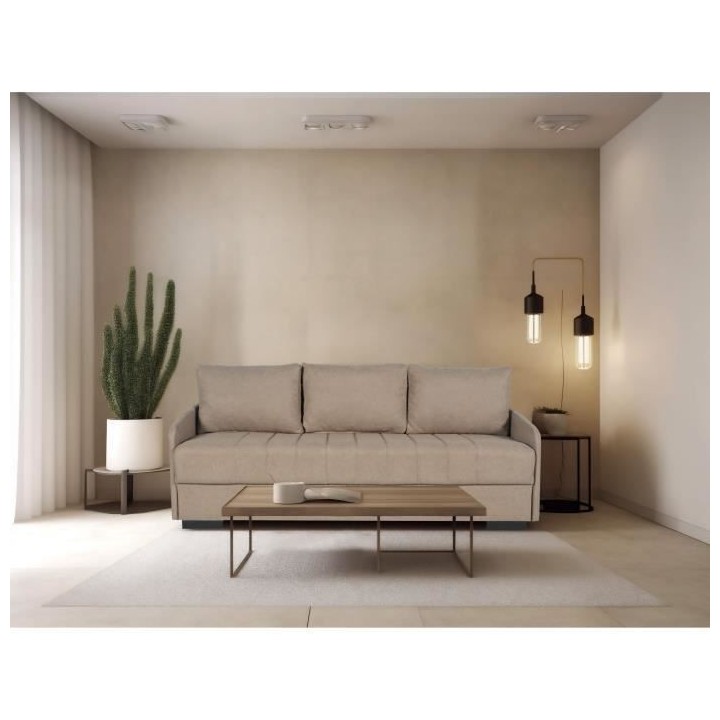 Canapé convertible 3 places - BETTA - Tissu beige - Couchage 145 x 19