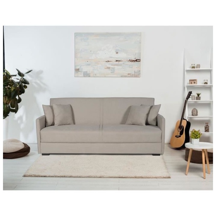 Canapé convertible 3 places - BIANCA - Tissu beige - 4 coussins - Cof