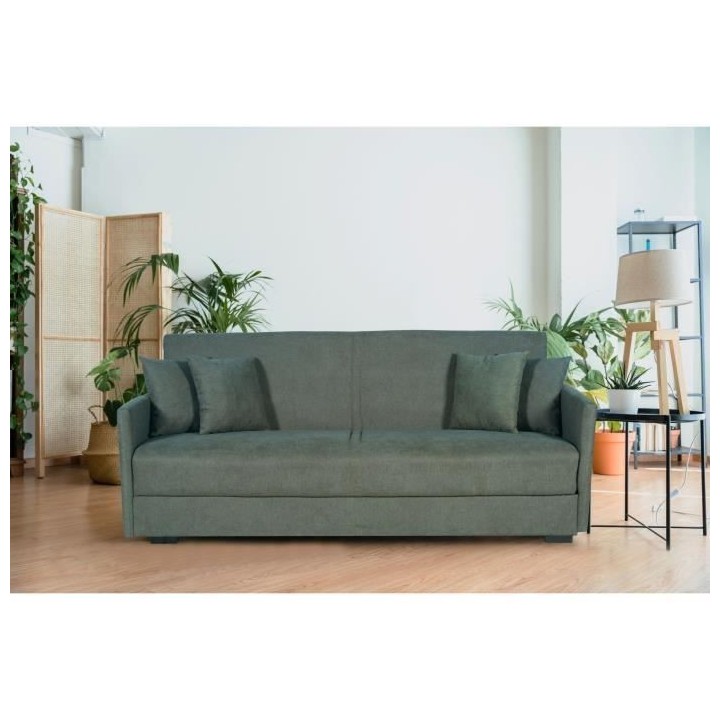 Canapé convertible 3 places - BIANCA - Tissu vert foncé - 4 coussins