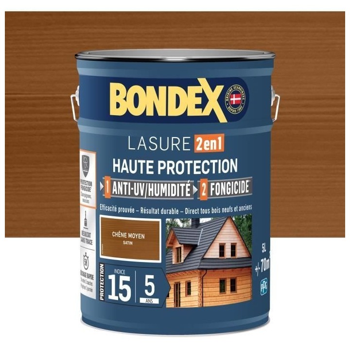 Lasure 2 en 1 Haute protection - Chene moyen satin - BONDEX - 5 L