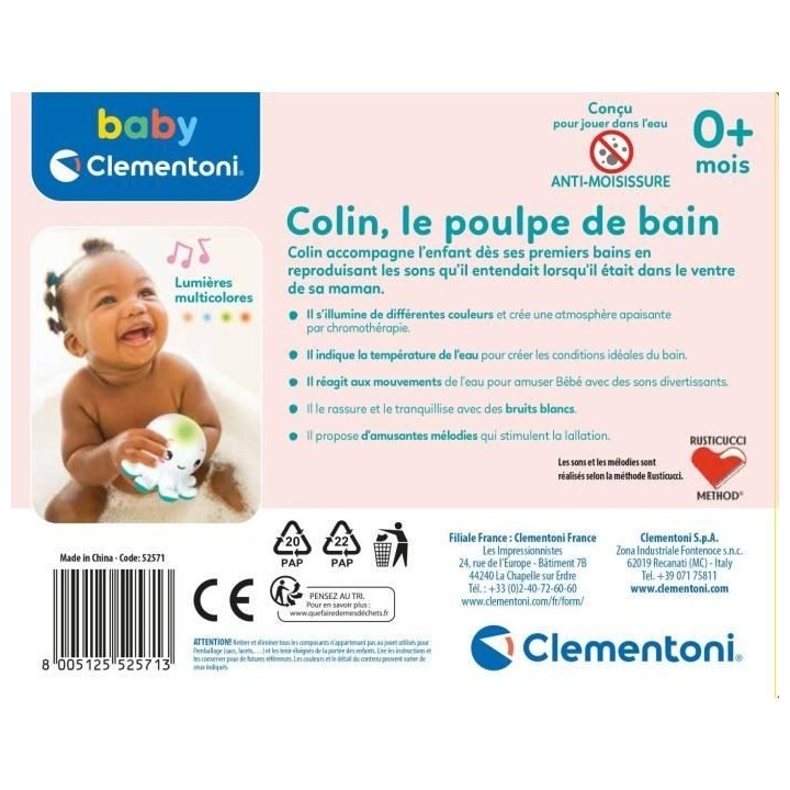 Jouet de bain interactif Baby Clementoni - Colin le poulpe lumineux et