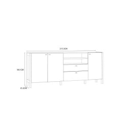 Enfilade HOYVIK 3 portes - 2 tablettes, 2 tiroirs, 2 niches - 215,3 cm - Décor chene sonoma avec du blanc mat - Poignées en m