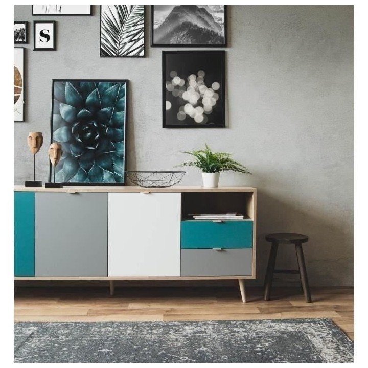 Buffet bas - Décor chene sonoma et blanc - Style scandinave - 3 porte