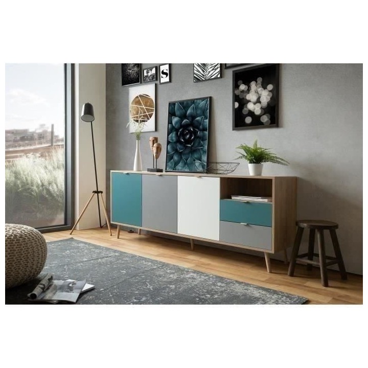 Buffet bas - Décor chene sonoma et blanc - Style scandinave - 3 porte