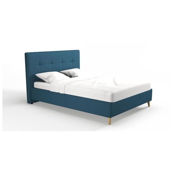 Lit adulte HYLKIO 160x200 cm - Tissu Bleu marine - Tete de lit