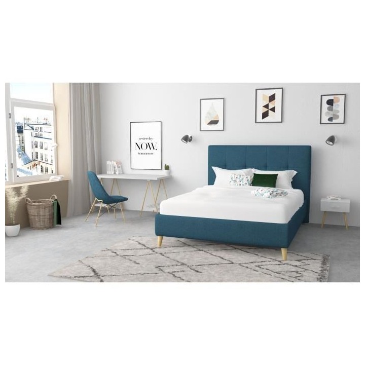 Lit adulte HYLKIO 160x200 cm - Tissu Bleu marine - Tete de lit