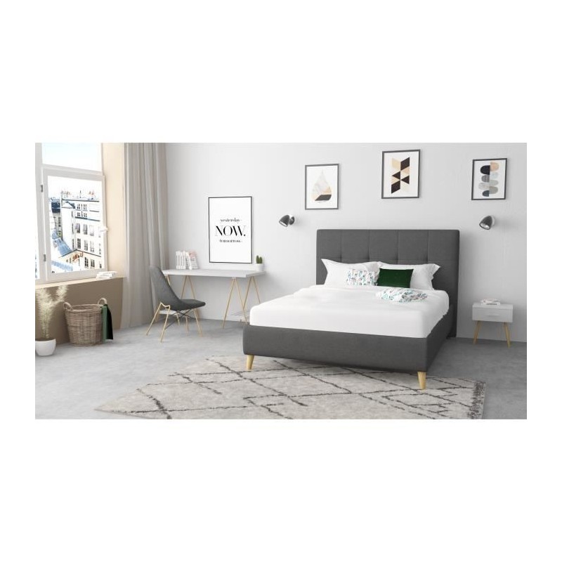 Lit adulte HYLKIO 160x200 cm - Tissu Anthracite - Tete de lit