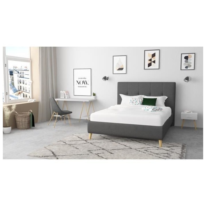 Lit adulte HYLKIO 160x200 cm - Tissu Anthracite - Tete de lit