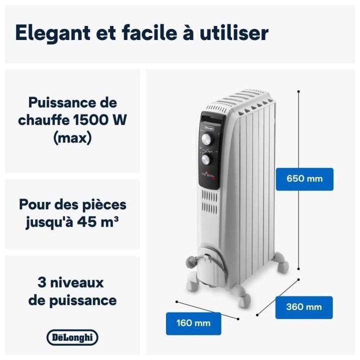 Radiateur bain d'huille Dragon4 DELONGHI - 1500W - 3 allures de chauff
