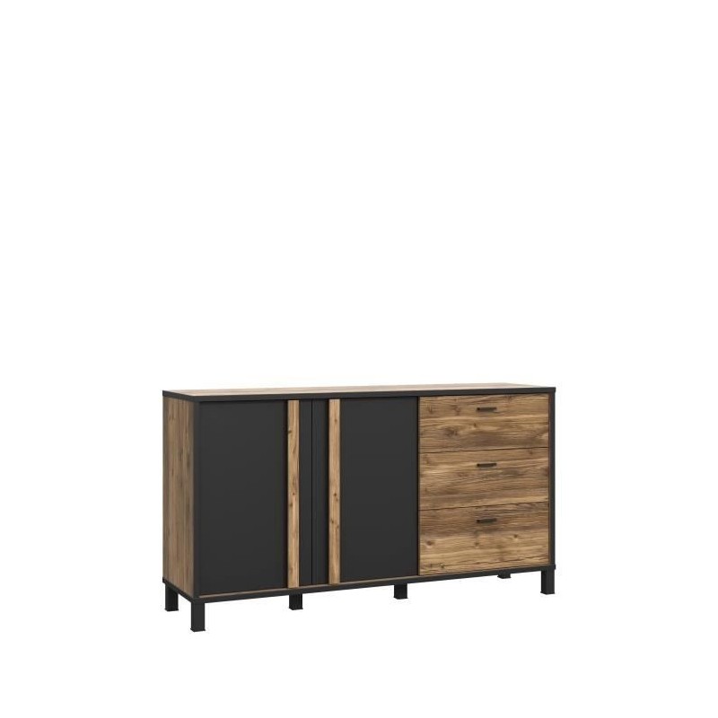 Buffet HAYATO 2 portes - 2 tablettes, 3 tiroirs - 154,5 cm - Décor noir combiné avec de l'épicéa alpin - Poignées en métal