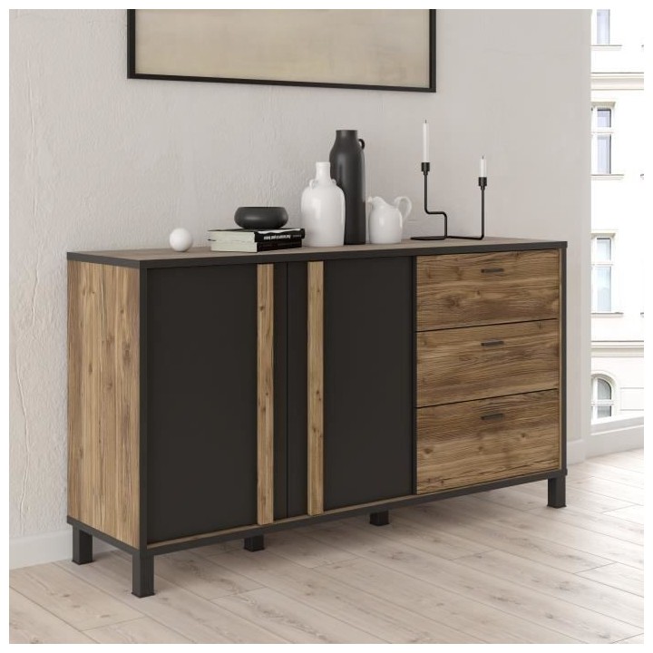 Buffet HAYATO 2 portes - 2 tablettes, 3 tiroirs - 154,5 cm - Décor no