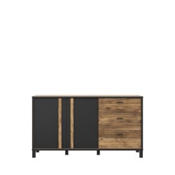 Buffet HAYATO 2 portes - 2 tablettes, 3 tiroirs - 154,5 cm - Décor noir combiné avec de l'épicéa alpin - Poignées en métal