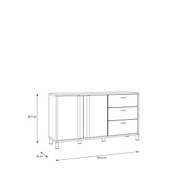 Buffet HAYATO 2 portes - 2 tablettes, 3 tiroirs - 154,5 cm - Décor noir combiné avec de l'épicéa alpin - Poignées en métal