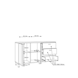 Buffet HAYATO 2 portes - 2 tablettes, 3 tiroirs - 154,5 cm - Décor noir combiné avec de l'épicéa alpin - Poignées en métal