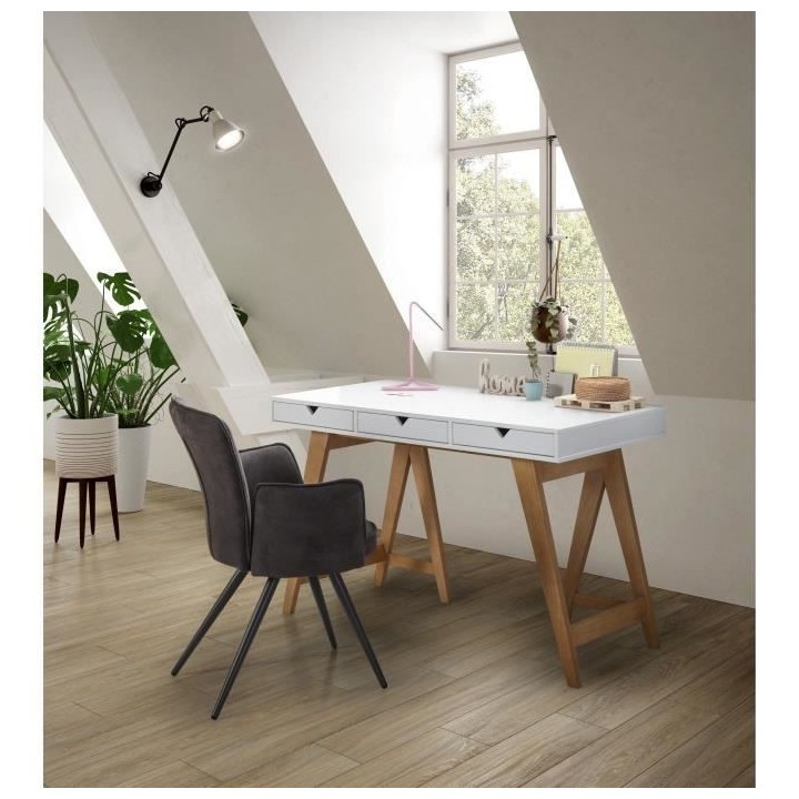 Bureau 3 tiroirs - Décor chene et blanc - L 120 x P 60 x 77 cm - GAUD