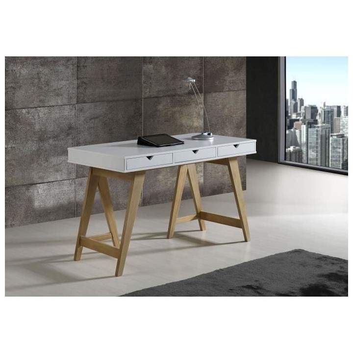 Bureau 3 tiroirs - Décor chene et blanc - L 120 x P 60 x 77 cm - GAUD