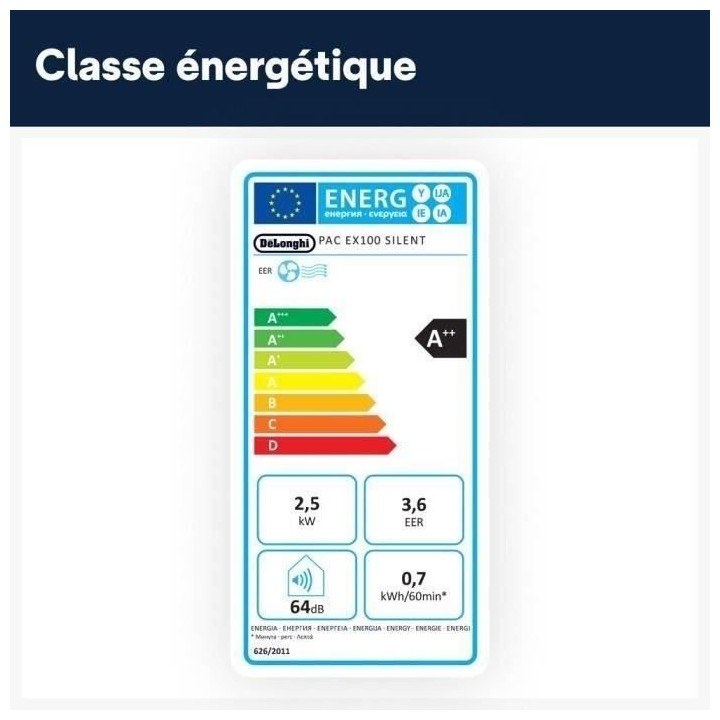 DELONGHI Climatiseur mobile - PAC EX100 SILENT - 2500W - 10000BTU/h -