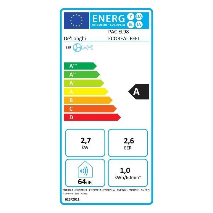 Climatiseur mobile - DELONGHI - PAC EL98 - Technologie Silent - Gaz R2