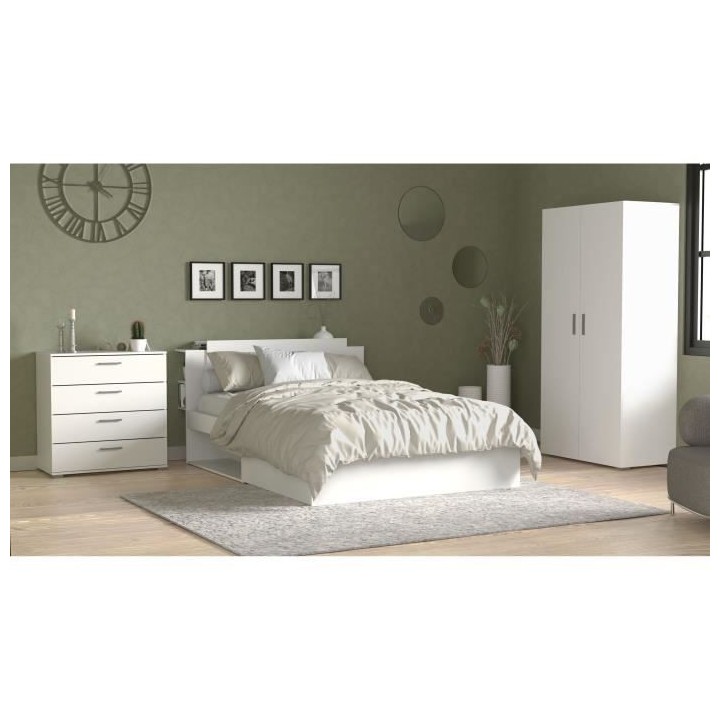 Chambre complete adulte LIFE - Lit + Commode + Armoire - Décor blanc