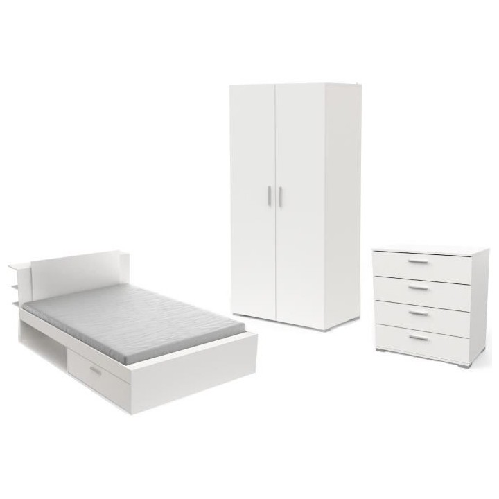 Chambre complete adulte LIFE - Lit + Commode + Armoire - Décor blanc