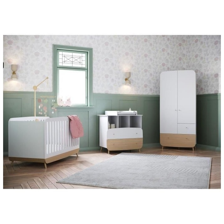 Ens. lit bébé 70 x 140 Kit évolutif, commode 2 tiroirs, 3 niches et