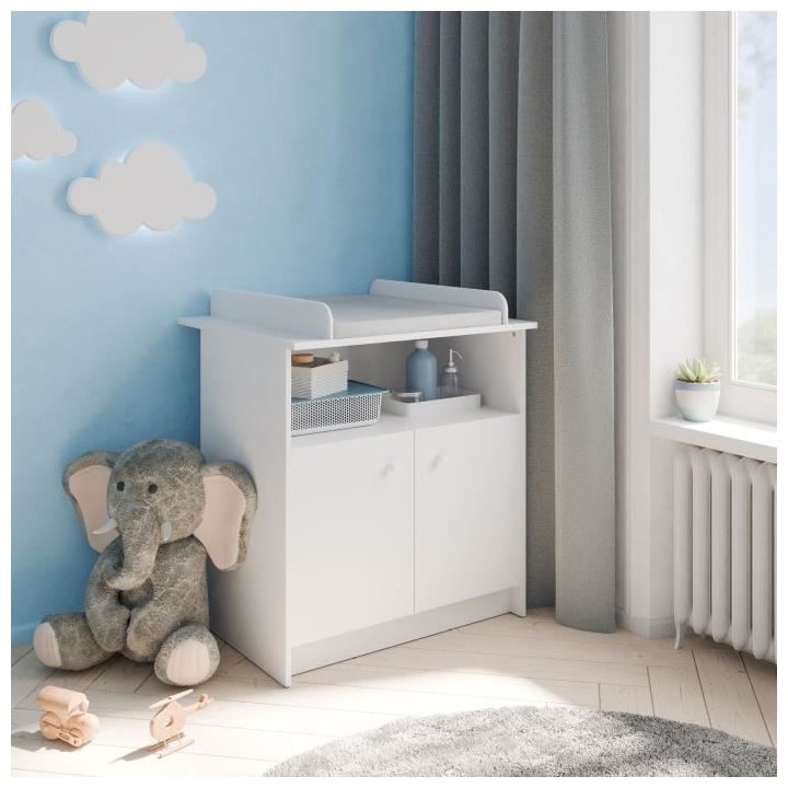 Commode a langer 2 portes, 1 niche - HELICIA - Blanc mat - 79,6 x 70 x