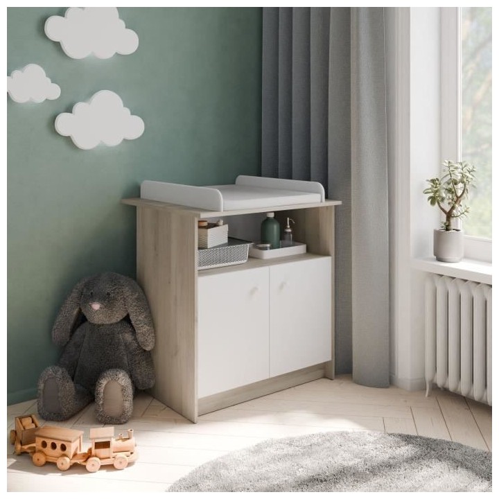 Commode a langer 2 portes, 1 niche - HELICIA - Blanc mat & Chene kronb