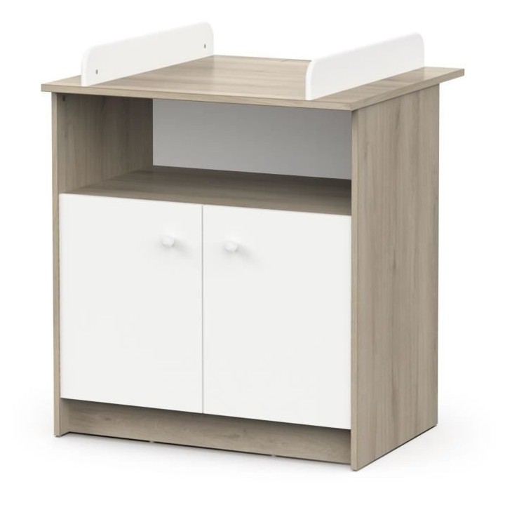 Commode a langer 2 portes, 1 niche - HELICIA - Blanc mat & Chene kronb