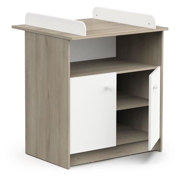 Commode a langer 2 portes, 1 niche - HELICIA - Blanc mat & Chene kronb