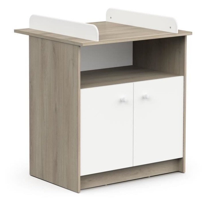 Commode a langer 2 portes, 1 niche - HELICIA - Blanc mat & Chene kronb