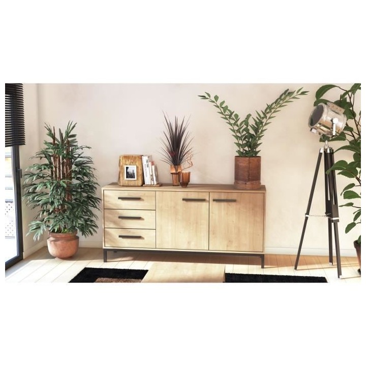 Enfilade 2 portes / 3 tiroirs - CRAFT - Chene Hamilton / Noir - 152 x