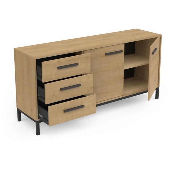 Enfilade 2 portes / 3 tiroirs - CRAFT - Chene Hamilton / Noir - 152 x