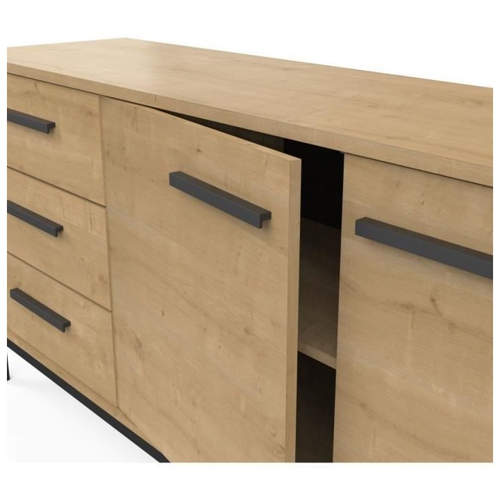 Enfilade 2 portes / 3 tiroirs - CRAFT - Chene Hamilton / Noir - 152 x