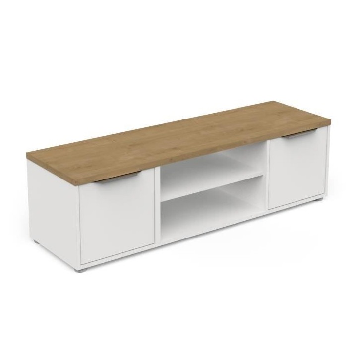 Banc TV ACCESS - 2 Portes + 1 Niche - Décor chene Hamilton et blanc -