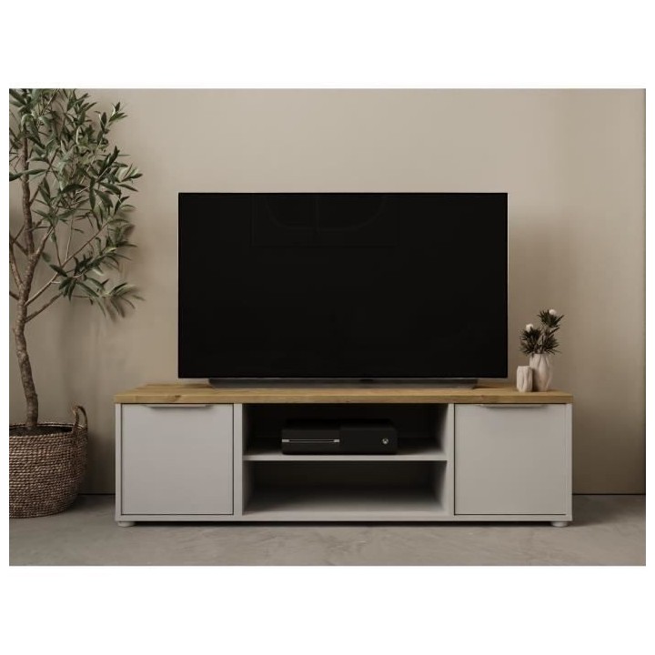 Banc TV ACCESS - 2 Portes + 1 Niche - Décor chene Hamilton et blanc -