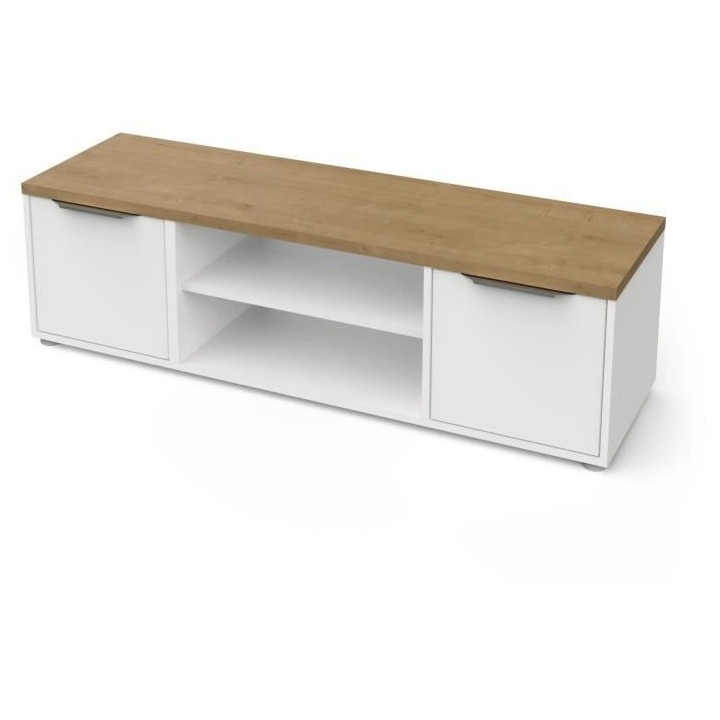 Banc TV ACCESS - 2 Portes + 1 Niche - Décor chene Hamilton et blanc -