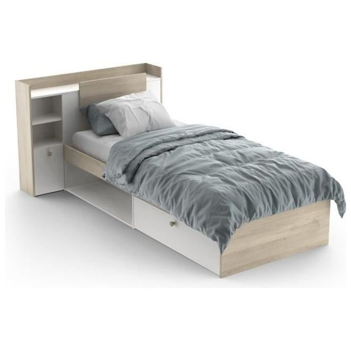 Lit enfant LIFE 1 personne - 90X190/200 - Rangements - Décor Chene et