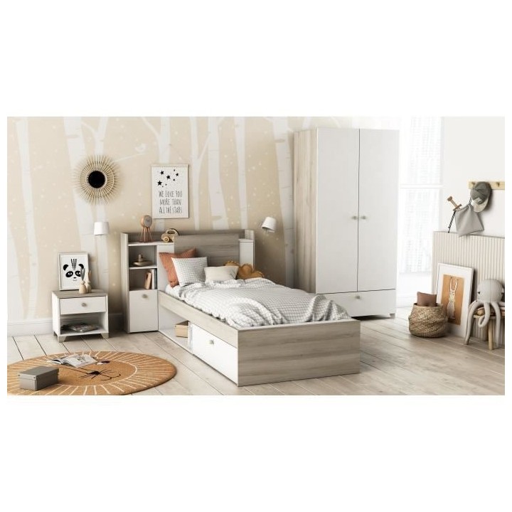 Lit enfant LIFE 1 personne - 90X190/200 - Rangements - Décor Chene et