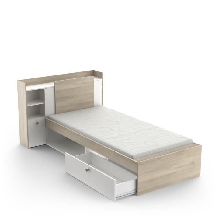 Lit enfant LIFE 1 personne - 90X190/200 - Rangements - Décor Chene et