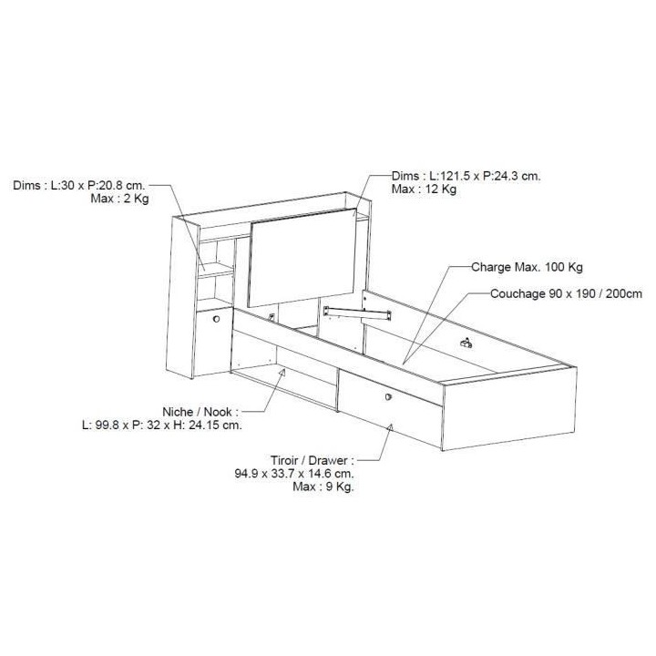 Lit enfant LIFE 1 personne - 90X190/200 - Rangements - Décor Chene et