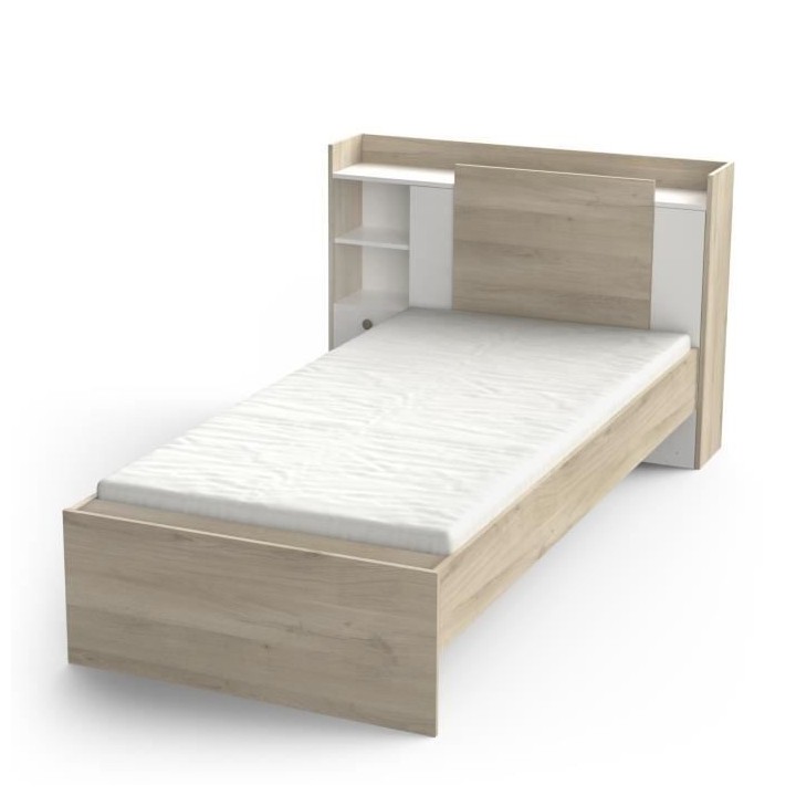 Lit enfant LIFE 1 personne - 90X190/200 - Rangements - Décor Chene et
