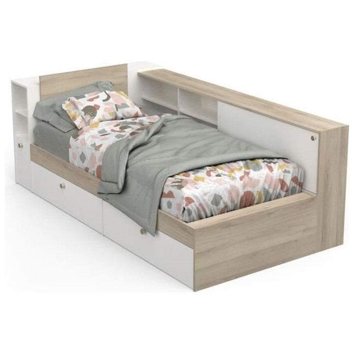 Lit enfant LIFE 1 personne - 90x190/200 - Rangements - Décor Chene et