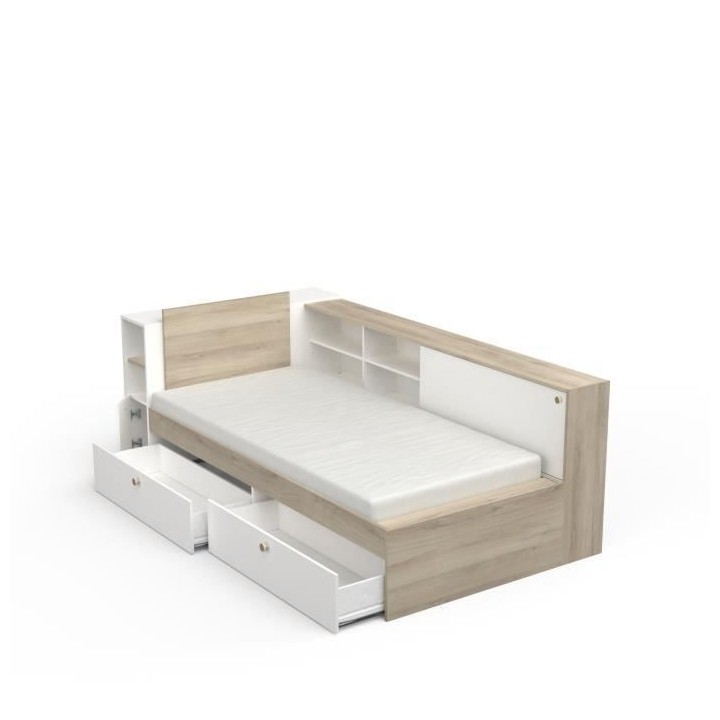 Lit enfant LIFE 1 personne - 90x190/200 - Rangements - Décor Chene et