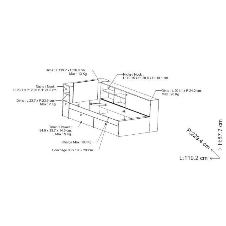 Lit enfant LIFE 1 personne - 90x190/200 - Rangements - Décor Chene et